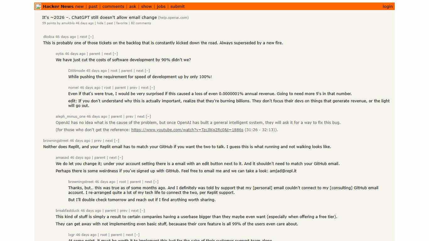 It's ~2026 –. ChatGPT still doesn't allow email change Hacker News