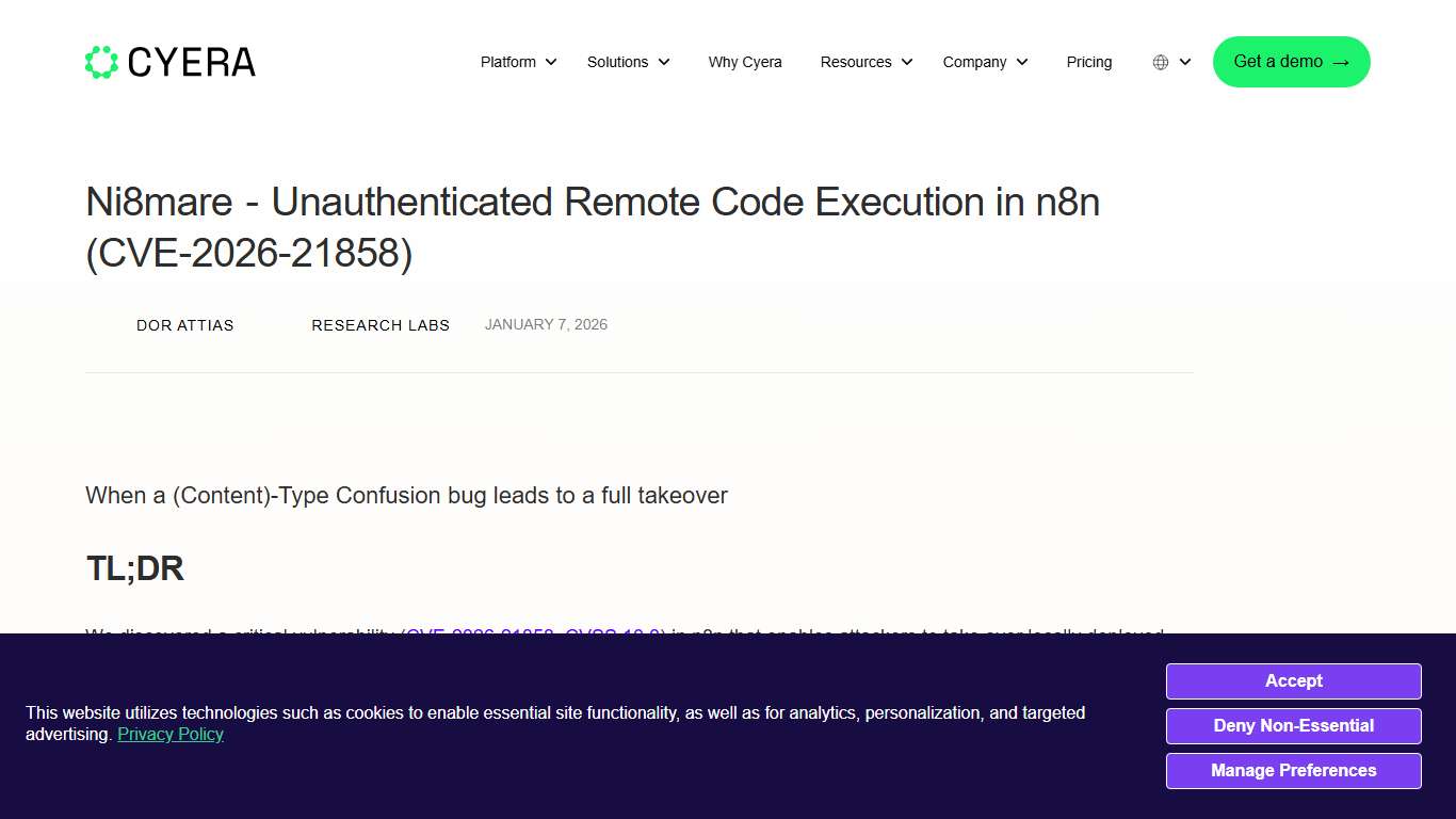 Ni8mare  -  Unauthenticated Remote Code Execution in n8n (CVE-2026-21858) Cyera Research Labs